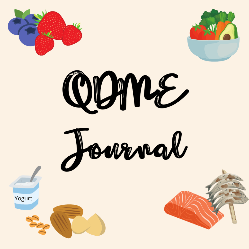 A visual representation of QDME Journal surrounded by an assortment of diabetes-friendly foods mentioned in the blog, such as whole grains, leafy greens, and fresh fruits.