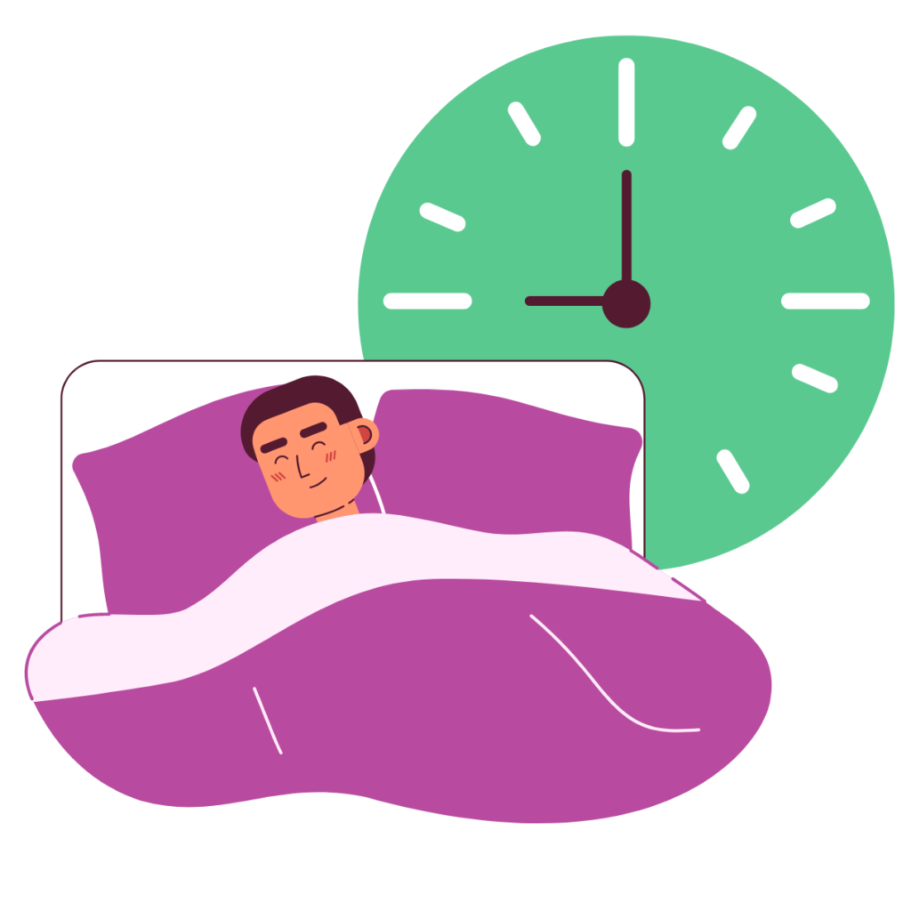Keeping Your Sleep Schedule in Check - A graphic of a man sleeping in a bed with a clock behind him
