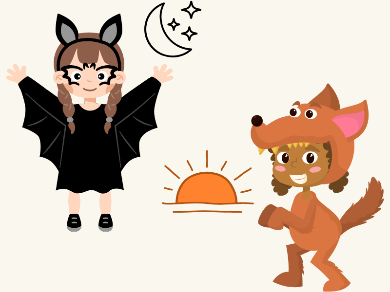 Which Halloween creature are you image - showing someone dressed as a bat with a moon and stars behind them and another person dressed as a werewolf with a sunrise behind them
